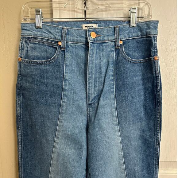 Wrangler WROCK High Rise Kick Flare Jeans Blue Denim Split Panel Raw Hem 29x28 - Picture 2 of 7